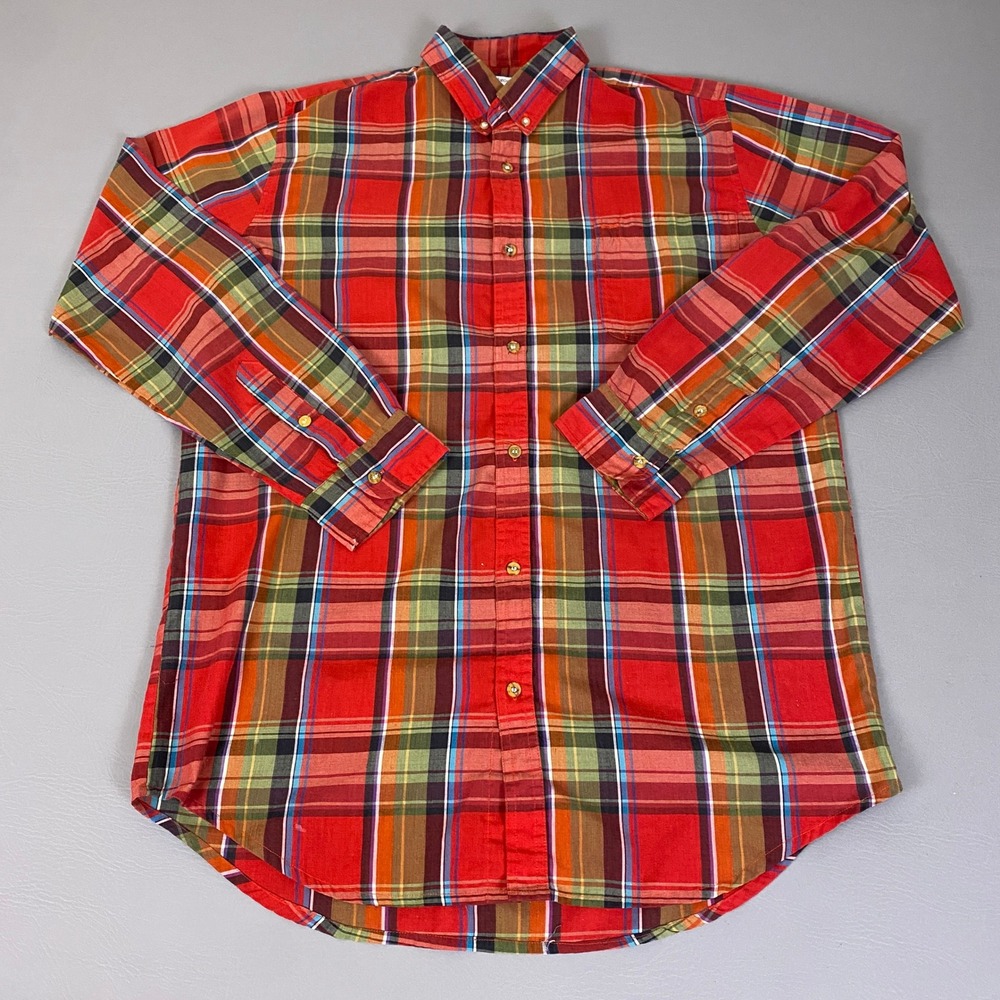 Saddlebrook Button Down Shirt Men's Large Tall LT Red Plaid Long Sleeve Madras*